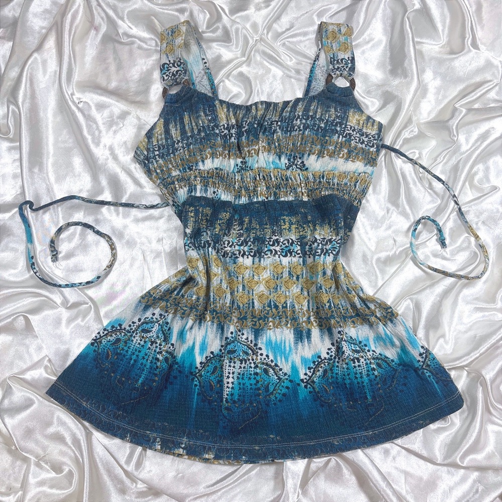 y2k Babydoll Top Blue Excellent Paisley Smocked O-Ring Sleeveless Tank